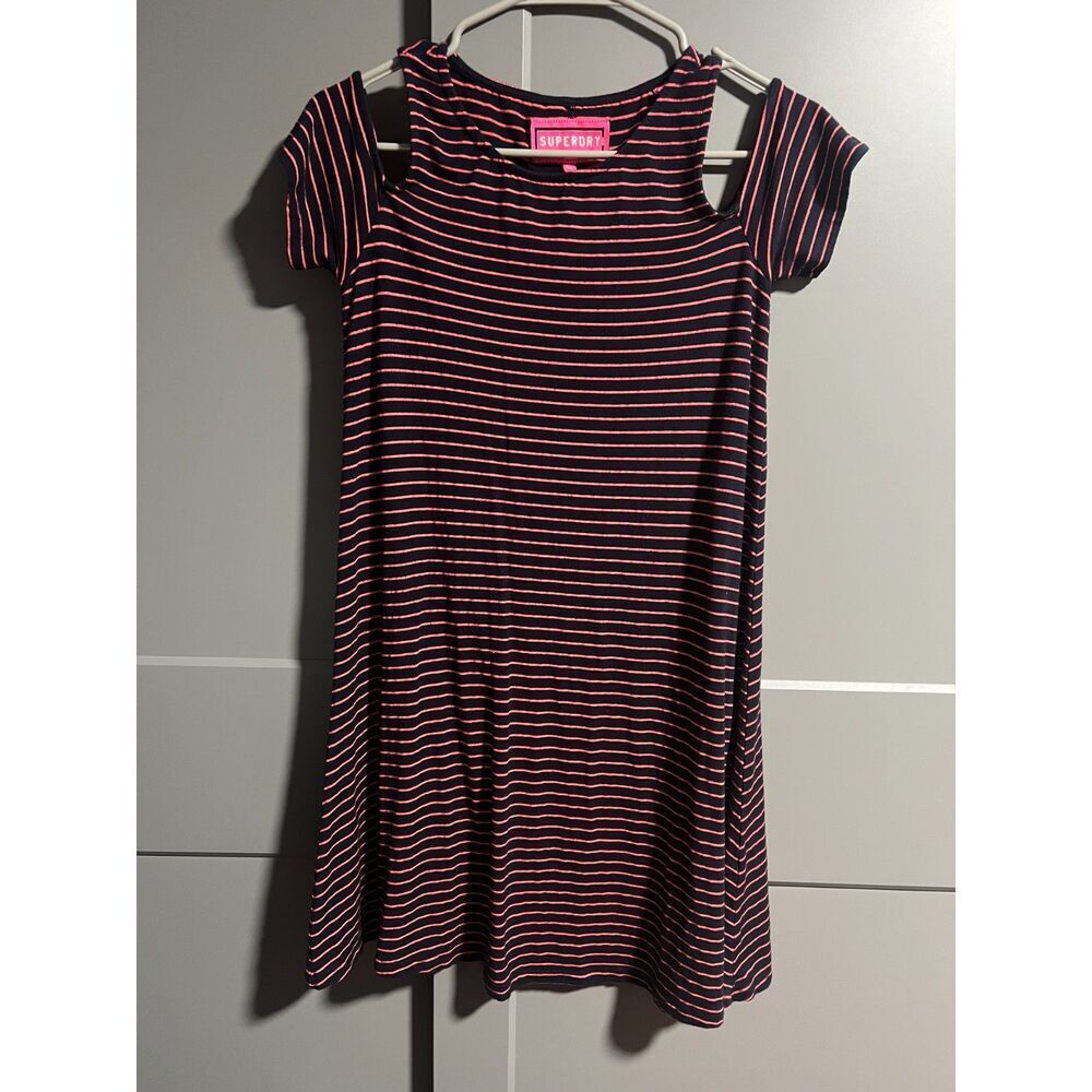 Superdry Womens Flared Off The Shoulder Mini Dress Stripe Pink/Blue Size Small